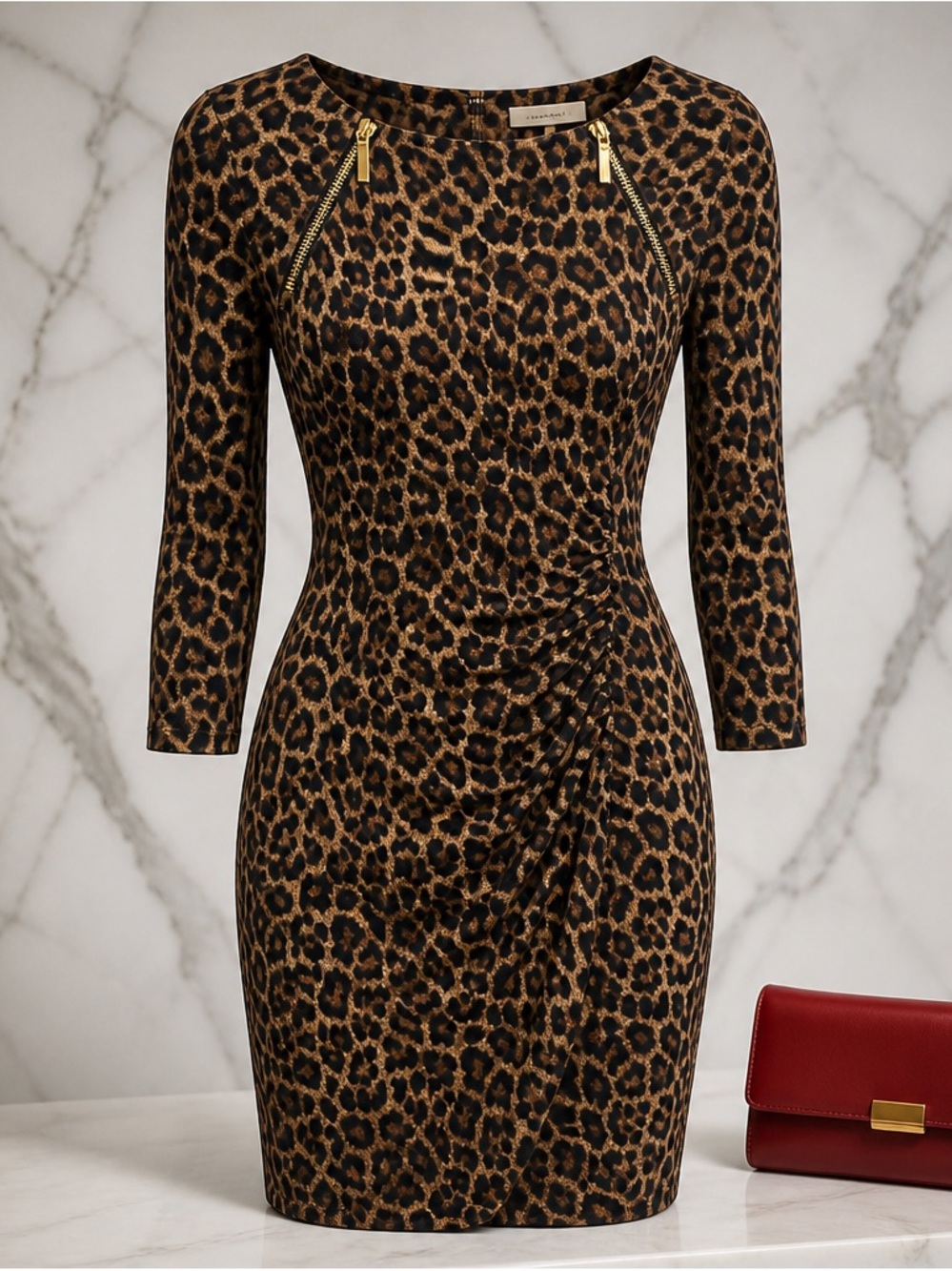 Leopard Print Sheath Dress with Zip Detail - Brown